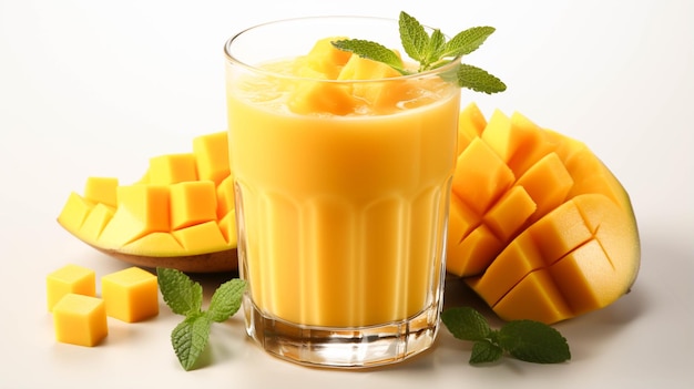 Frullato di succo di mango fresco, bello e delizioso in una tazza di vetro su sfondo bianco