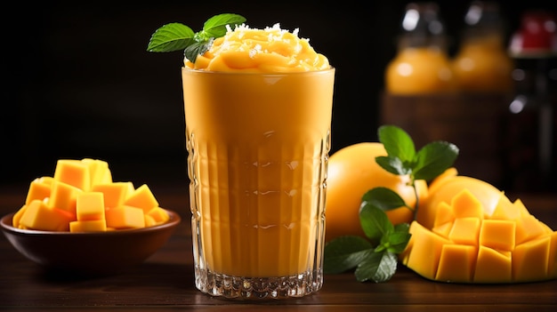 Frullato di succo di mango fresco, bello e delizioso in una tazza di vetro su un tavolo di legno