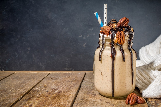 Frullato di torta di noci pecan. Cocktail di frullato pazzo con il tradizionale sapore di noci pecan a torta autunnale, spazio di copia in legno di sfondo scuro