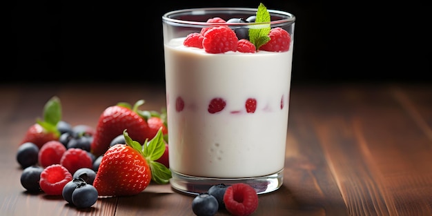 Frullato di yogurt alla frutta con frutti di bosco freschi in un bicchiere