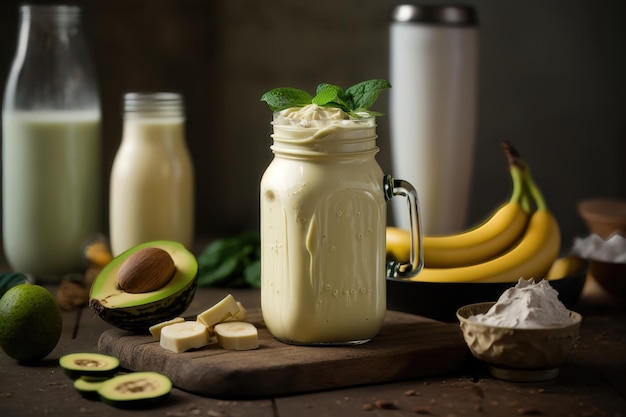 Frullato fresco di banana e avocado con yogurt o latte in barattolo di vetro AI generation