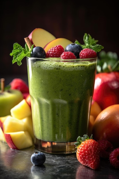 Frullato verde con frutta fresca e cavolo riccio in vetro creato con intelligenza artificiale generativa