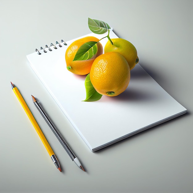 Frutta arancione con carta e matita in un tavolo bianco.