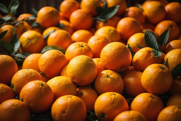 Frutta arancione con foglie su un tavolo di legno Mandarini maturi su un primo piano di stallo del mercato