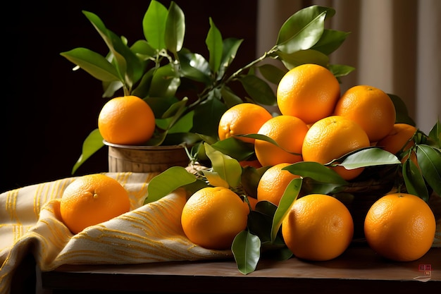 Frutta arancione con foglie su un tavolo di legno