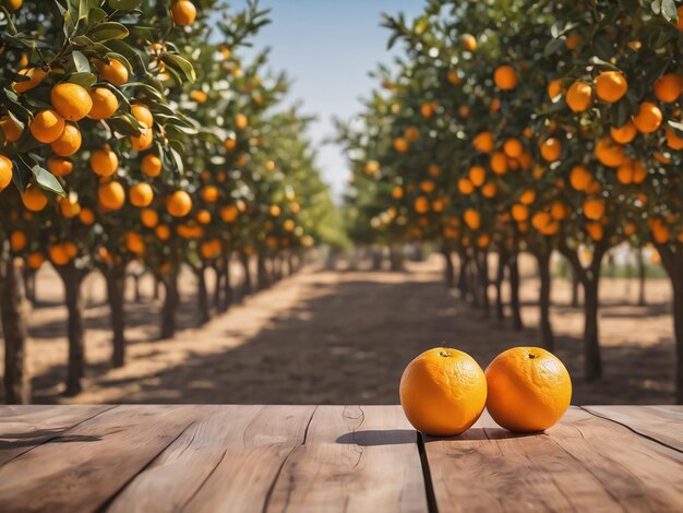 Frutta arancione con tavolo in legno di sfondo alberi