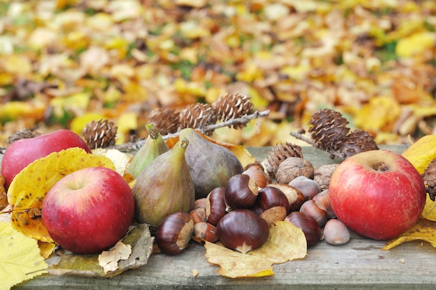 Frutta autunnale in foglie