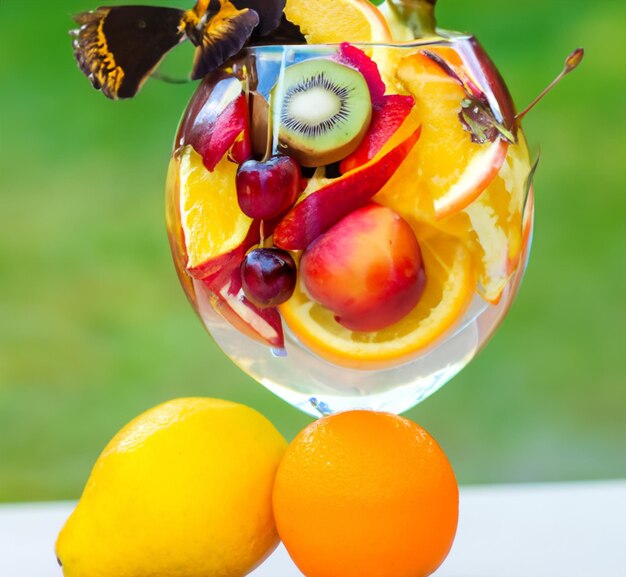 Frutta, bicchieri d'acqua, fiori di cola, immagini generate dall'AI.