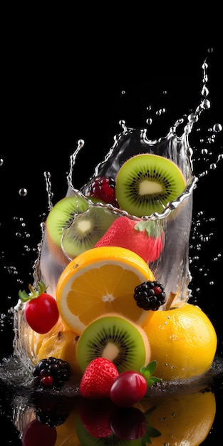 Frutta che spruzza in un bicchiere d'acqua