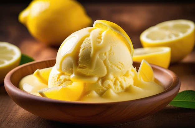 frutta citrus dolce dessert limone gelato palle gelato con frutta fresca dessert estivo rinfrescante tavolo di legno