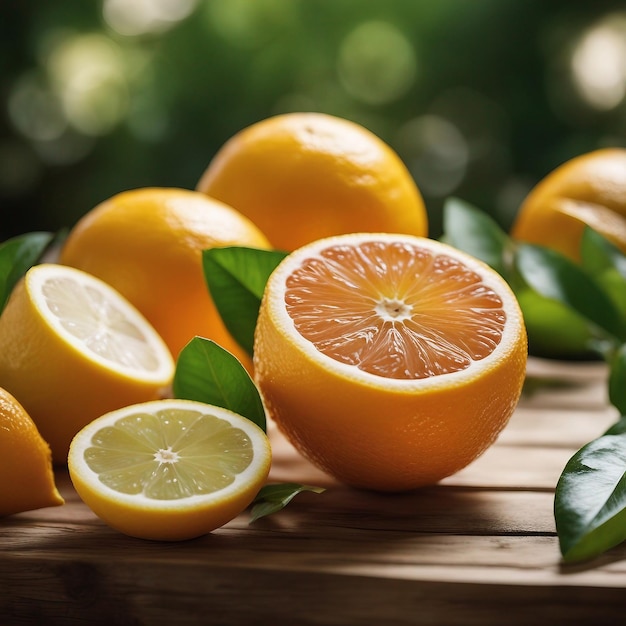 Frutta citrus fresca su un tavolo di legno natura uno spuntino estivo sano con un po' d'acqua generata dall'AI