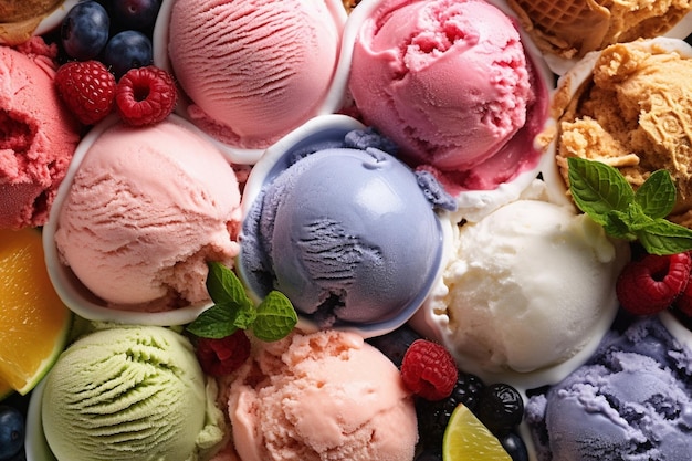 Frutta con fragole Gelato Gusti vari di gelato a Roma Italia Gelato italiano Generative AI