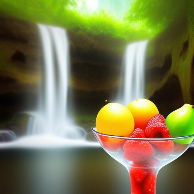 frutta con sfondo cascata