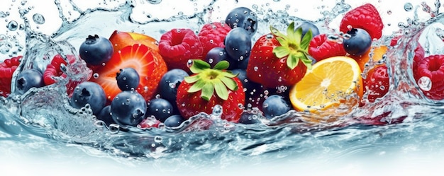 Frutta con spruzzi d'acqua su sfondo bianco Frutti sani ricchi di vitamine Ai generativa