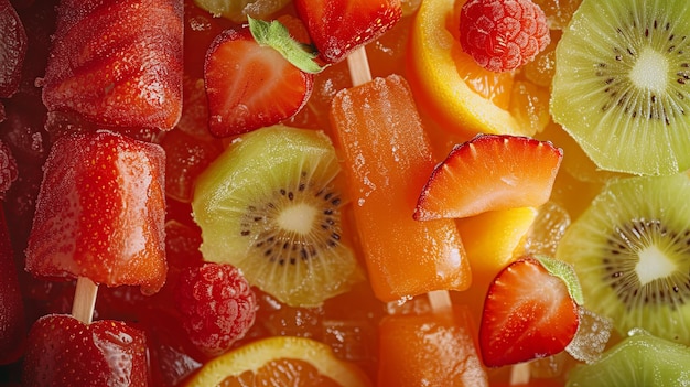 Frutta congelata e bacche su gelato a bastoncini Concetto di fondo