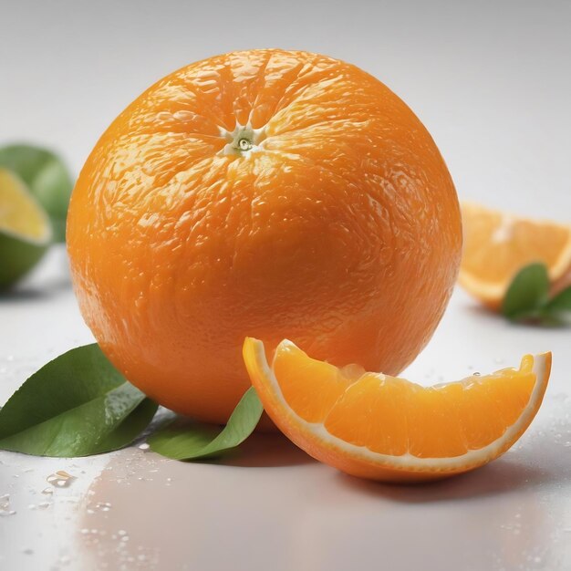 Frutta d'arancia fresca, succosa e dolce, ricca di vitamina C, su superficie bianca
