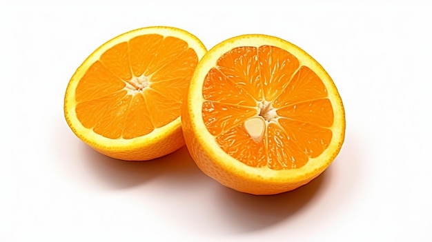 Frutta d'arancia intera tagliata a metà isolata su sfondo bianco Frutta di arancia e mezza fetta