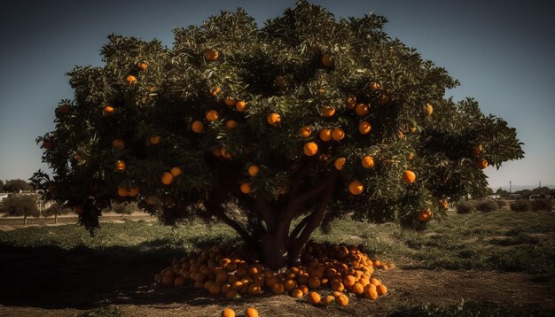 Frutta d'arancia matura sul ramo al tramonto autunnale in un frutteto rurale generato dall'intelligenza artificiale