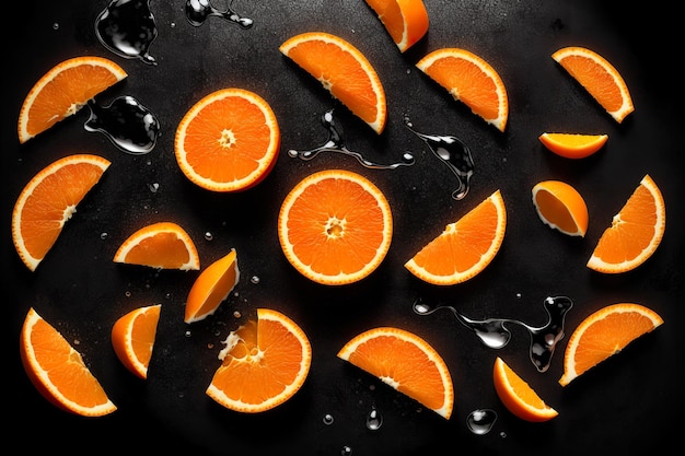 Frutta d'arancia tagliata fresca in acqua spruzzata isolata su nero
