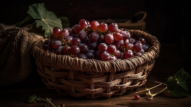 Frutta d'uva su cesto di bambù con sfondo sfocato