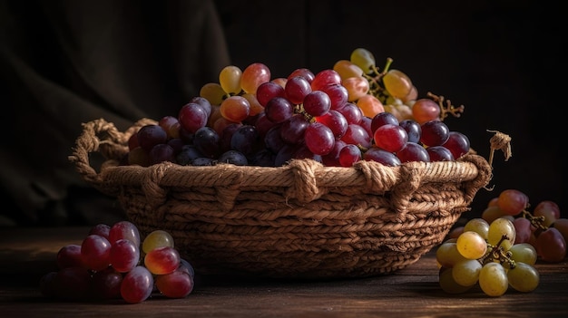 Frutta d'uva su cesto di bambù con sfondo sfocato