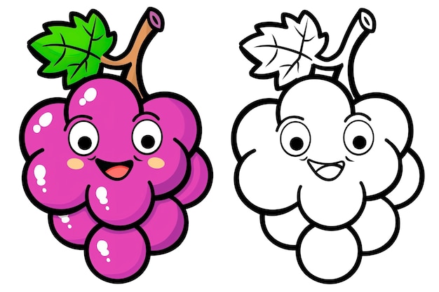 Frutta dei cartoni animati uva disegnata divertente con linee di contorno isolate su uno sfondo trasparente Frutta semplice Clip Art Uva stampabile Pagina da colorare Libro da colorare semplice per bambini