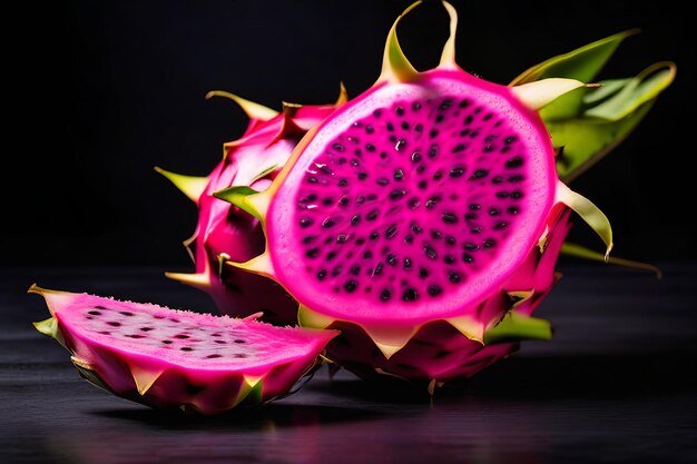 Frutta del drago Pitahaya Pitaya esotica asiatica vegana frutta succosa da vicino isolata su uno sfondo scuro