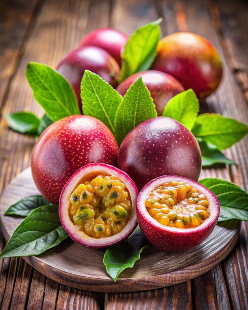 Frutta della passione matura metà e fetta di frutta in gocce d'acqua su uno sfondo bianco