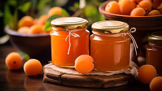 Frutta di albicocca e marmellata di albicacca sullo sfondo di legno Deliziosa marmellato naturale