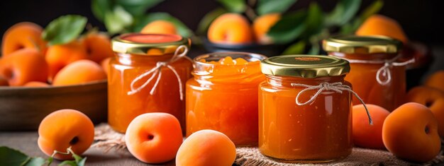 Frutta di albicocca e marmellata di albicacca sullo sfondo di legno Deliziosa marmellato naturale