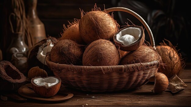 Frutta di cocco in un cesto di bambù con sfondo sfocato