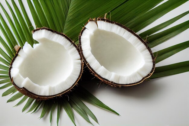 Frutta di cocco incrinata con polpa bianca come la neve su sfondo verde