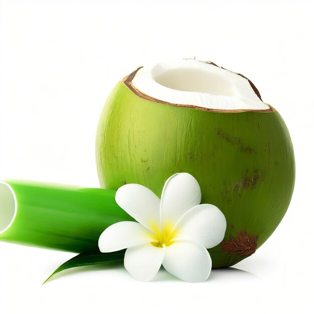 Frutta di cocco verde con fiore di Plumeria e tubo isolato su sfondo bianco