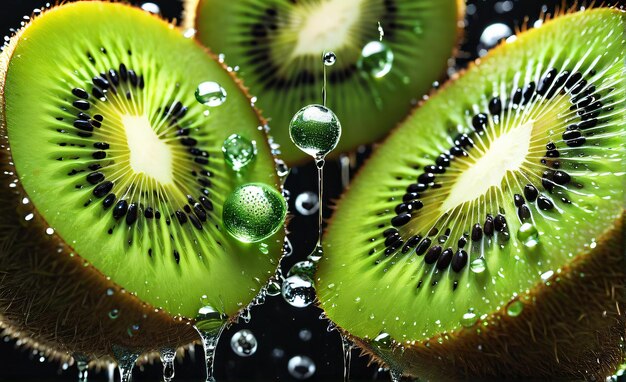 Frutta di kiwi fresca con spruzzi d'acqua su sfondo nero