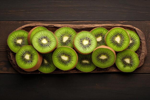 Frutta di kiwi fresca disposta su uno sfondo di legno rustico fette succose