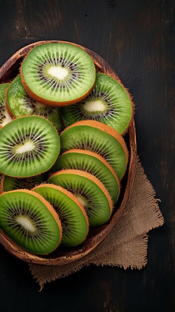 Frutta di kiwi in fette presentata su una superficie in legno rustico colori vivaci carta da parati mobile verticale