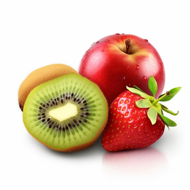Frutta di kiwi, uva di fragola e mela rossa isolate su uno sfondo bianco