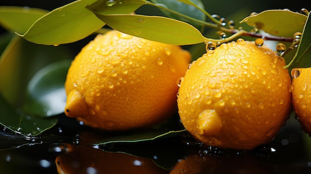 Frutta di limone fresca con gocce d'acqua sul ramo in una soffice atmosfera luminosa e sognante Frutti naturali