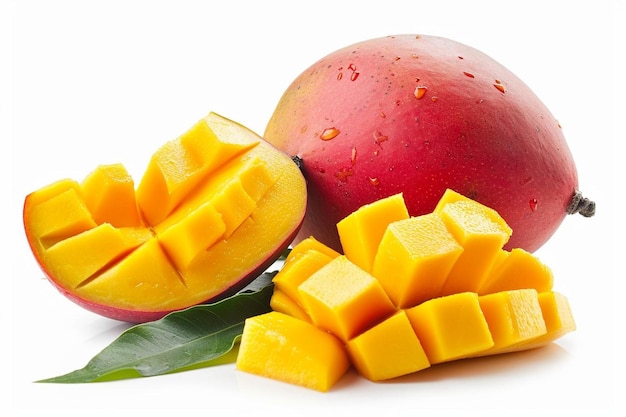 Frutta di mango con cubetti e fette di mango isolati su sfondo bianco