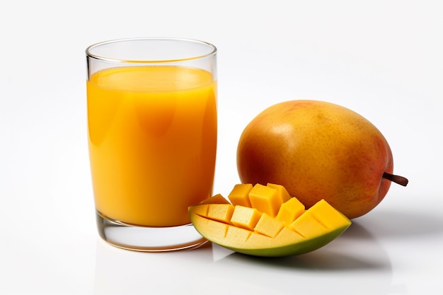 frutta di mango e bicchiere di succo di mango su sfondo bianco isolato