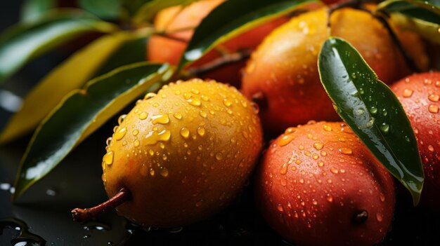 Frutta di mango fresca con gocce d'acqua sul ramo in un'atmosfera morbida, sognante e luminosa Frutti naturali