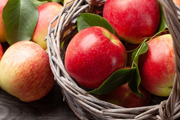 Frutta di mela di giardino matura in cesto su un tavolo di legno