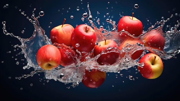 Frutta di mela rossa organica fresca e matura tagliata a metà e cadente in acqua e spruzzata