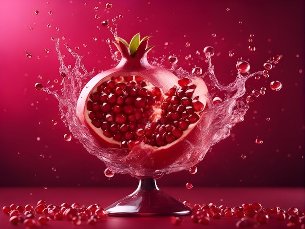 frutta di melograno in spruzzi d'acqua su uno sfondo rosso