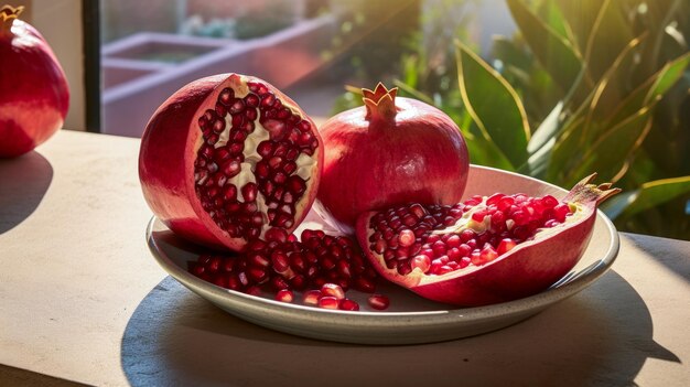 Frutta di melograno matura su un piatto sul tavolo