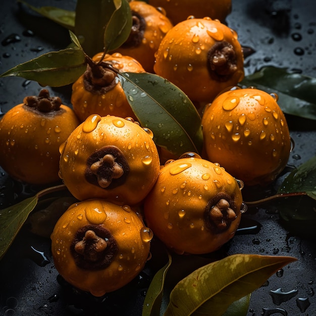 Frutta di persimmio arancione fresca e appetitosa ricoperta di gocce d'acqua sfondo fruttato per la pubblicità