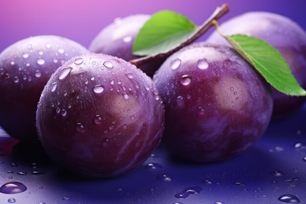 Frutta di prugna su sfondo violetto brillante con gocce d'acqua Illustrazione generativa di AI