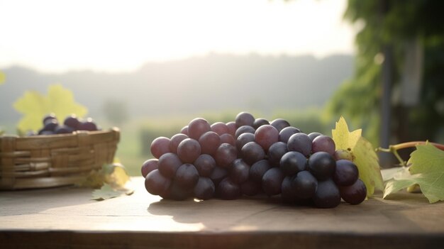 Frutta di uva fresca sul tavolo di legno con campo di vigna sullo sfondo di sole spazio di copia