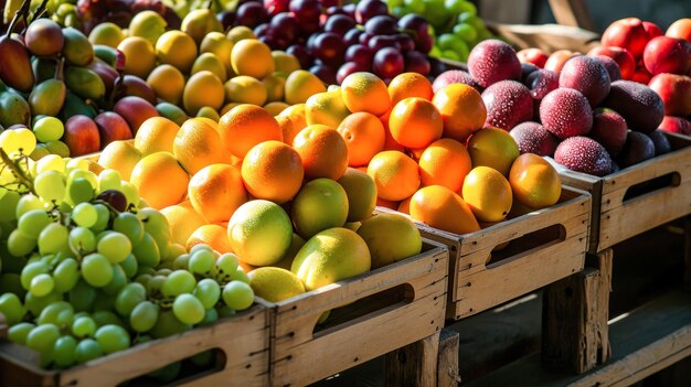 Frutta di vario tipo esposta in casse di legno al mercato