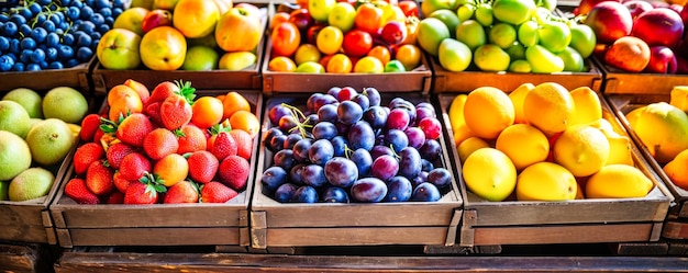 Frutta di vario tipo esposta in vassoi al mercato